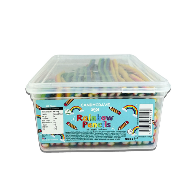 Halal and vegetarian rainbow pencil sweets in bulk sweet tub – 1kg