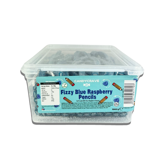 Halal and vegetarian blue raspberry pencil sweets in sweet tub