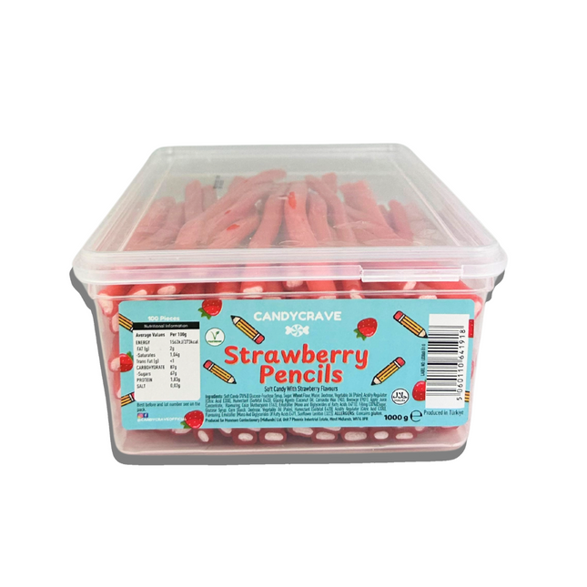 Strawberry fondant pencils in bulk sweet tub – Halal and vegetarian-friendly